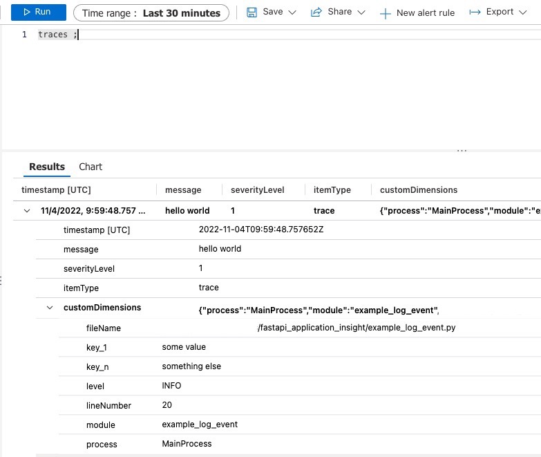 The resulting log in Application Insights.